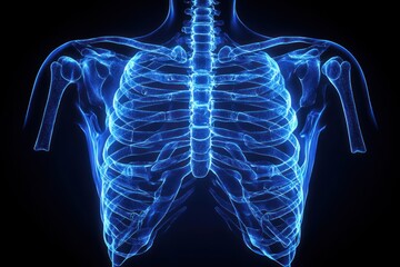 Front View of Human Rib Cage Close-Up Rendered in Blue with Adult Male Body Contours Anatomy and Osteology