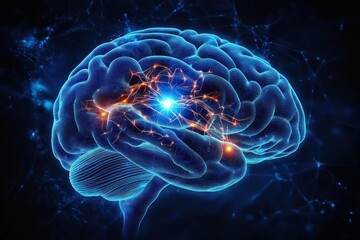 Fototapeta premium Detailed Illustration of Human Brain Neural Pathways in Neon Blue and White against Dark Background