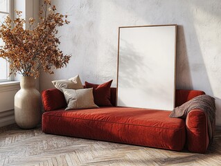 Cozy Living Room Scene with Deep Red Sofa and Large Blank Canvas for Minimal Interior Design