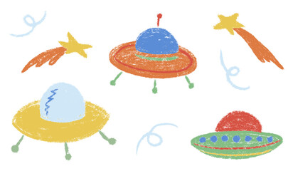 Galaxy space ship kids chalk drawings set. Collection freehand child baby hand drawn scribble elements. Textured cute stars and alien UFO spaceship. Colourful vector illustration isolated