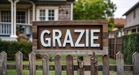 grazie lettering on sign at fence with house background