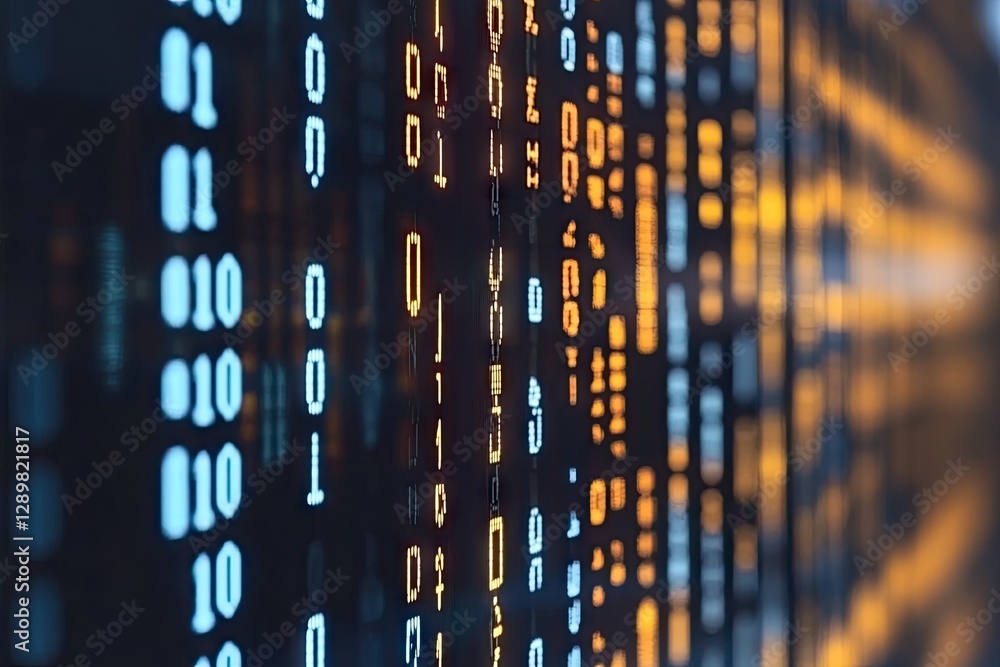 Poster digital data stream wall, glowing binary code, technology background, abstract concept, website desi
