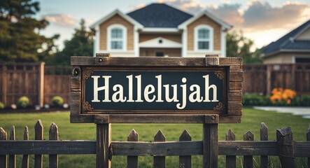 hallelujah lettering on sign at fence with house background