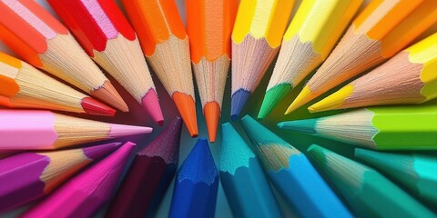 Fototapeta premium Vibrant Colored Pencils in Circular Spectrum Design on White Background for Creativity and Education