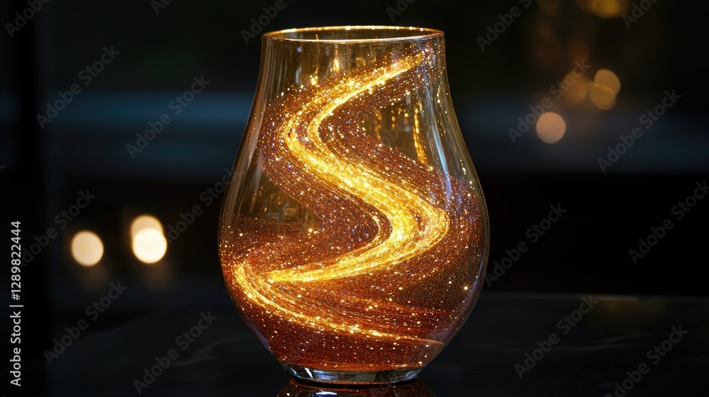 Poster a beautifully lit glass vase containing a swirl of iridescent gold glitter, perfect for adding a tou