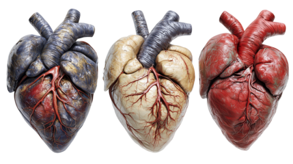 Set of anatomically accurate human hearts with detailed textures, medical and artistic visualization, isolated on transparent background 