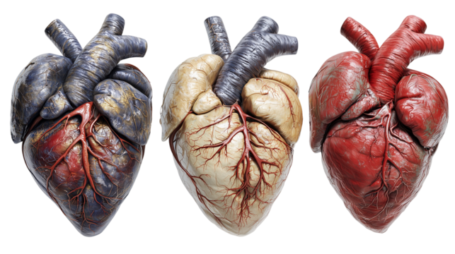 Set of anatomically accurate human hearts with detailed textures, medical and artistic visualization, isolated on transparent background 