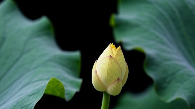 Close-up of a yellow lotus bud against large green leaves, captured from a low angle. The video style emphasizes tranquility and natural beauty.