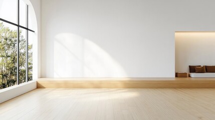 Fototapeta premium Minimalistic Scandinavian Interior Scene with Bright White Wall and Light Wooden Floor for Product Presentation
