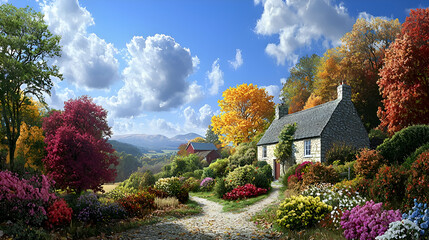 Autumnal Cottage Landscape with Vibrant Trees and Colorful Flowers