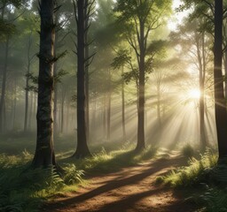 Fototapeta premium Panorama of Wald with Sunbeams filtering through trees and leaves , outdoor, nature