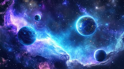Fototapeta premium A breathtaking cosmic dance of planets, with vibrant textures and colors, floating against the deep blue nebula background in a stunning celestial display.