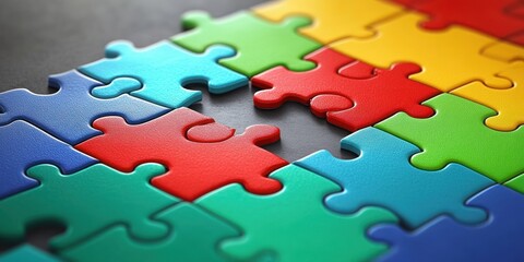 Fototapeta premium Teamwork Strategy Concept with Colorful Jigsaw Puzzle Pieces for Business Collaboration and Idea Management