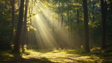 Fototapeta premium A calm and peaceful forest scene, with rays of light shining through the trees, evoking spirituality and a sense of peaceful reflection in nature.
