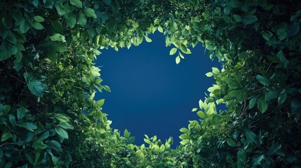 A captivating frame of intertwining green foliage surrounds a deep blue backdrop, drawing the viewer into an air of mystery and natural beauty.