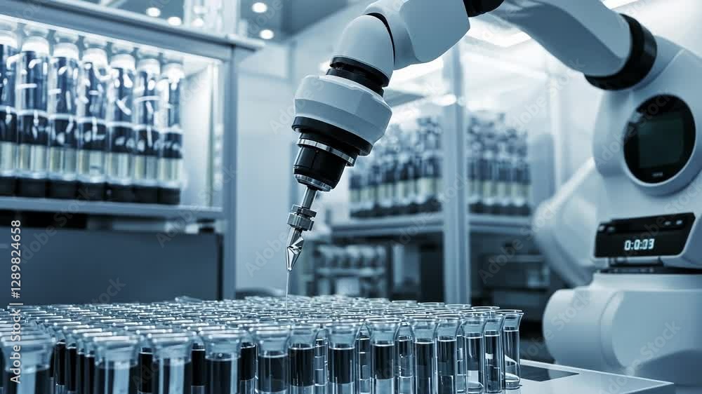 Poster advanced robotic arm precisely handling test tubes in a modern laboratory setting, highlighting auto