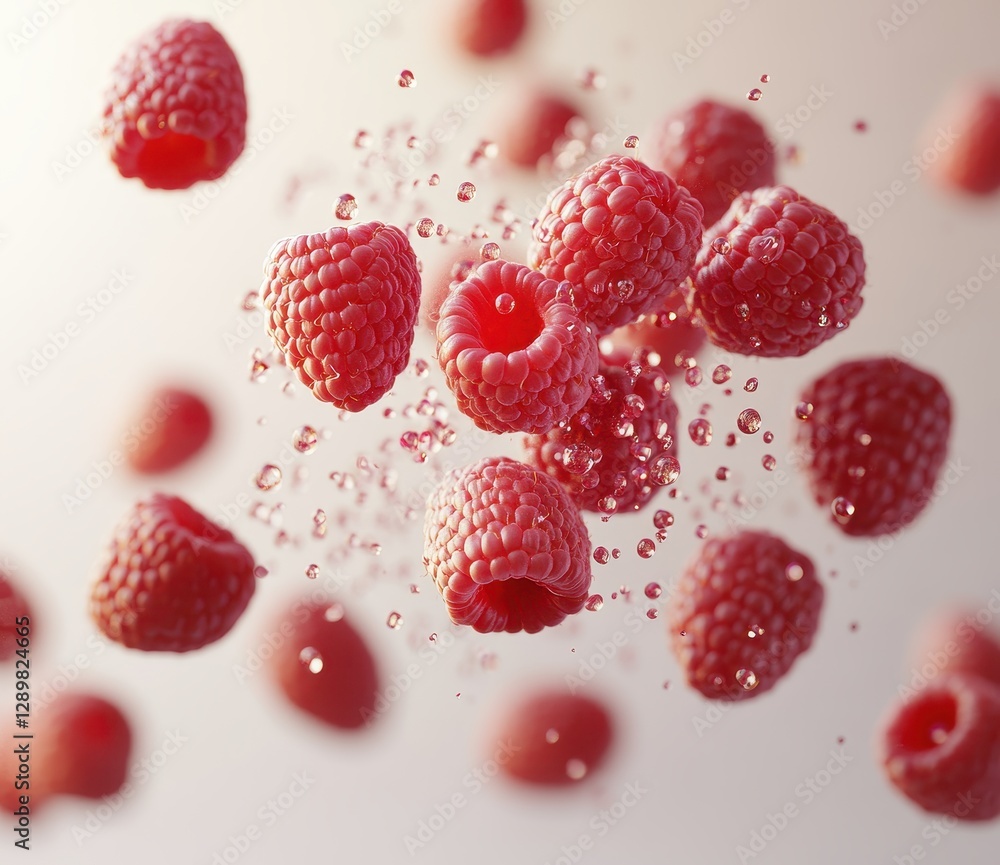 Poster fresh raspberries splashing in water against a soft background creating a vibrant and refreshing sum