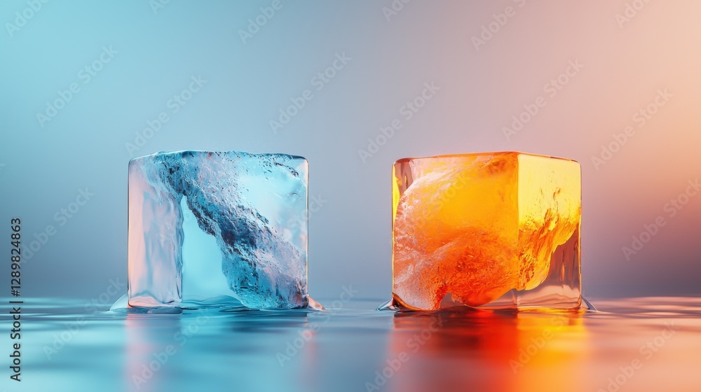 Poster frozen cubes of ice and fire translucent geometric sculptures captured in a minimal conceptual compo