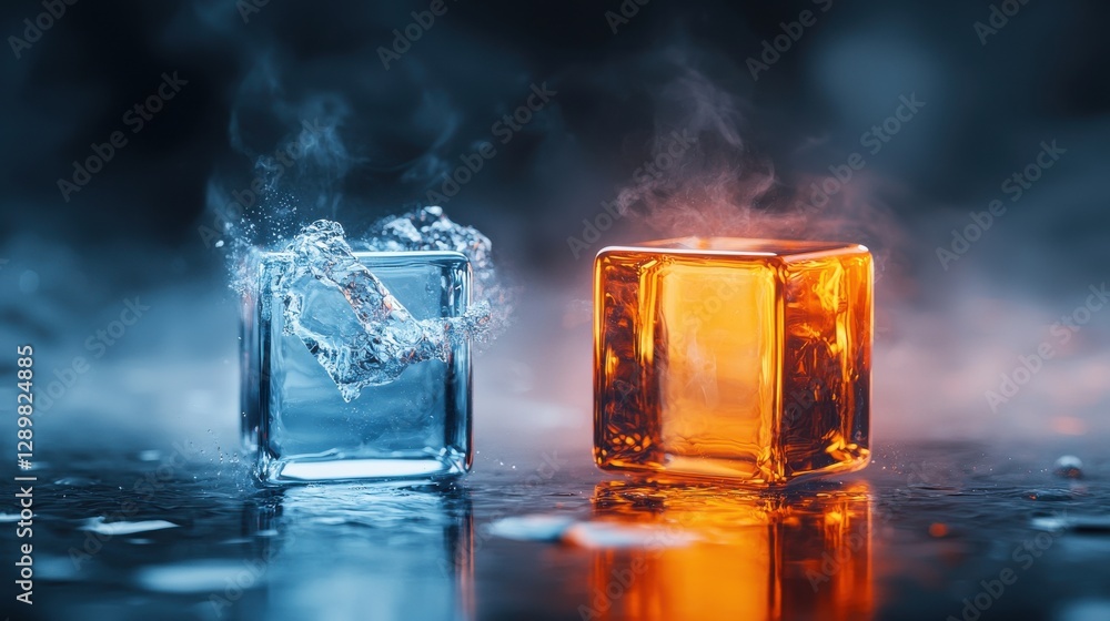 Poster closeup shot of two transparent ice cubes with dramatic lighting and reflections creating an abstrac