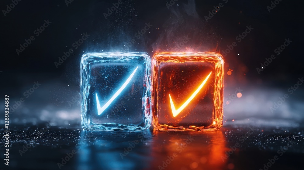 Poster glowing blue and fiery orange cubes floating in a surreal liquid environment with splashing ripple e