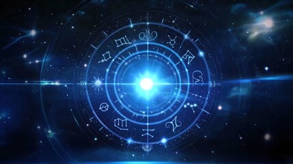 Mystical astrological zodiac horoscope symbol in a cosmic galaxy filled with glittering stars planets and celestial elements  This image represents the esoteric spiritual