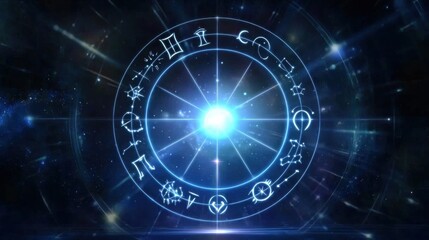 Obraz premium Astrological zodiac wheel with glowing cosmic energy radiant celestial symbols and mystical astrological signs on a dark futuristic background Represents the mystical forces of the universe