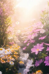 Naklejka premium Beautiful colorful wild flowers in deep foggy forest with sun light in Spring.