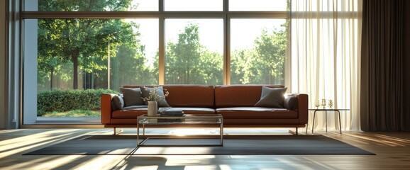 A contemporary living room with a leather sofa, a glass coffee table