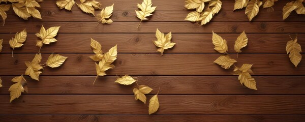 Shiny golden leaf pattern on brown wooden background,  shiny,  autumn