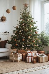 Obraz premium Christmas Living Room with Decorated Tree Gifts and Minimalist Holiday Design