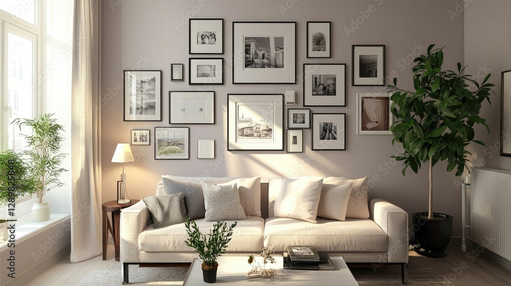 Poster a chic living room with a gallery wall of diverse photo frames in varying sizes and orientations, sh