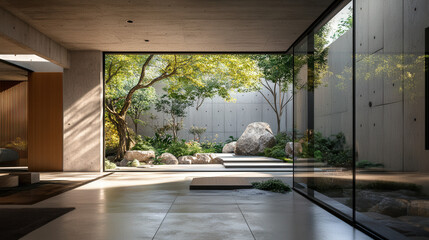 Minimalist modern house with a tranquil open courtyard garden and natural stone elements