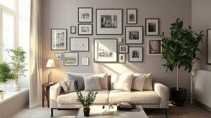 A chic living room with a gallery wall of diverse photo frames in varying sizes and orientations, showcasing a creative photo display setup.