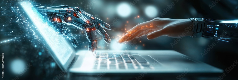 Poster robotic hand and human touching above laptop in futuristic digital scene with ai and machine learnin