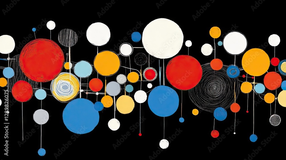 Poster abstract colorful circles network; connection concept; black background; website banner