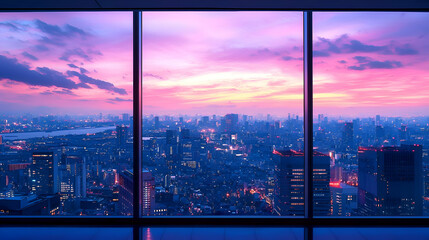 Pink And Purple City Sunset View From Panoramic Window