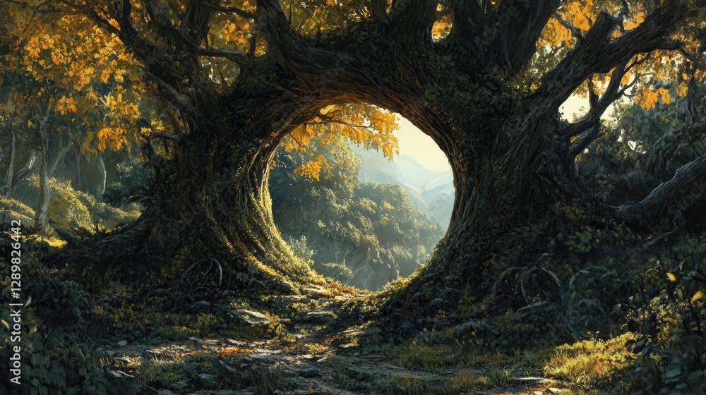 Poster A circular opening in an ancient tree dense leaves leads into a shadowy unknown, inviting wonder and curiosity about what lies beyond.