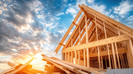 Obraz premium Wooden frame of a newly constructed house standing in a rural countryside landscape with a vibrant sunset sky in the background The image depicts the early stages of home building