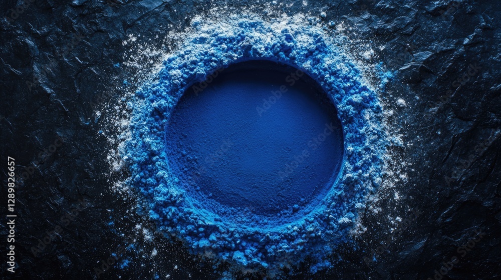 Aufkleber A circular ring of blue powder against a dark background, creating an abstract and visually stunning composition of color and texture.