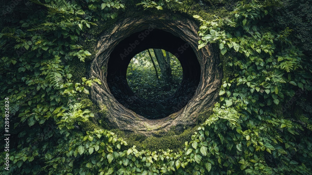 Poster a circular opening in an ancient tree foliage reveals a dark interior, sparking curiosity and evokin