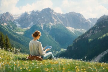 Fototapeta premium Woman sitting in serene mountainscape using tablet in nature landscape tranquility escape adventure