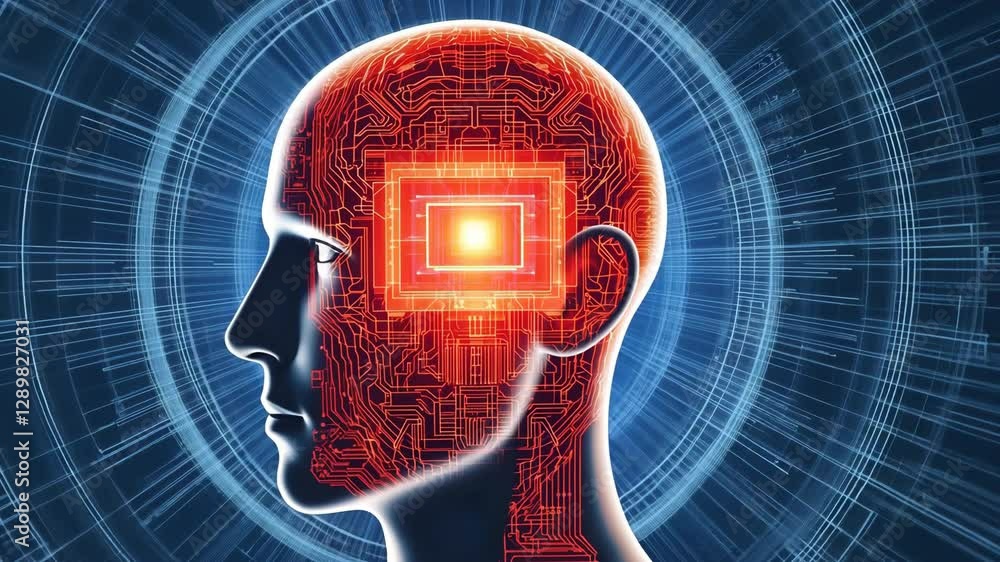 Poster digital illustration of human head with glowing circuit board brain, symbolizing artificial intellig