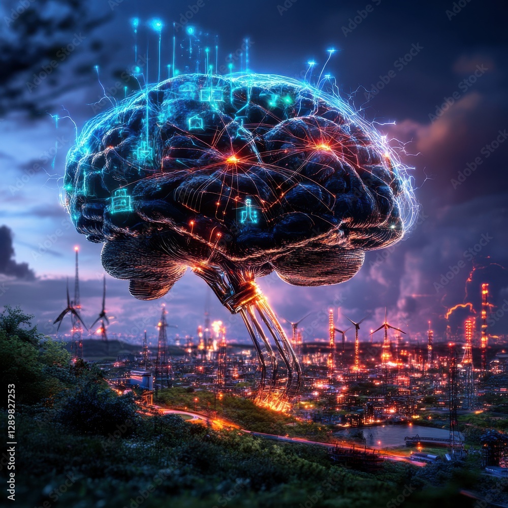 Poster futuristic brain concept with digital network connections and intelligent technology representing in