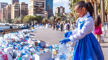 Naklejka premium Girl in Blue Dress Cleaning Plastic Waste Illustration
