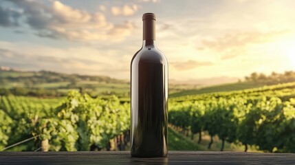 Fototapeta premium A clean and elegant wine bottle mockup in front of a vibrant vineyard landscape, ideal for marketing wine products or showcasing a brand's story.