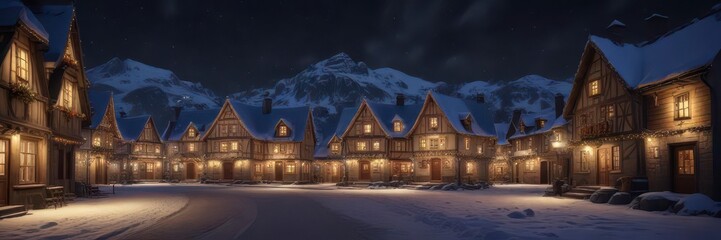 Snowy village at night with illuminated buildings and festive lights,  cozy atmosphere,  Christmas evening