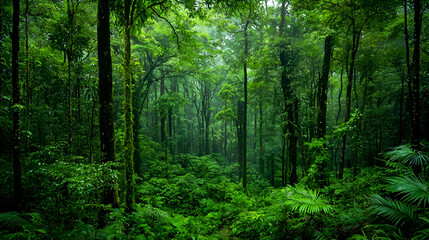 Obraz premium Lush Green Rainforest with Rain and Sunlight