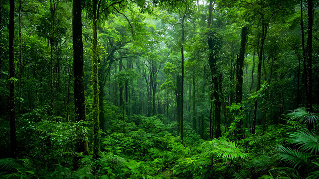 Lush Green Rainforest with Rain and Sunlight