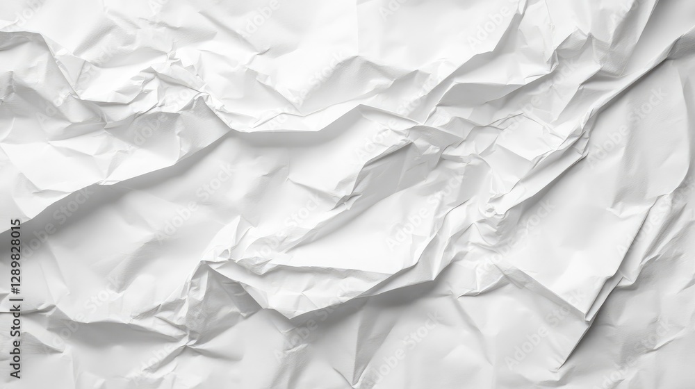 Poster a close-up of a crumpled white paper sheet with visible creases and wrinkles, isolated on a white ba