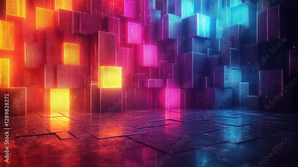Poster abstract pixel art mosaic neon glow glitch texture colorful chaotic retro 8bit video game background